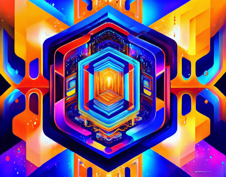 Colorful digital artwork of neon hexagonal tunnel pattern