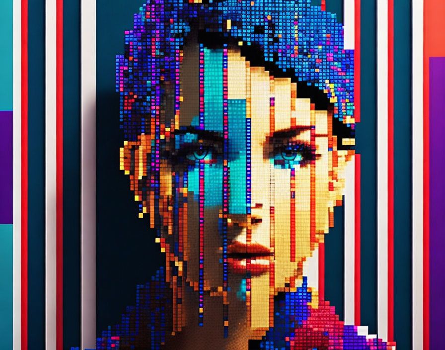 Pixelated digital art of woman's face with colorful vertical stripes
