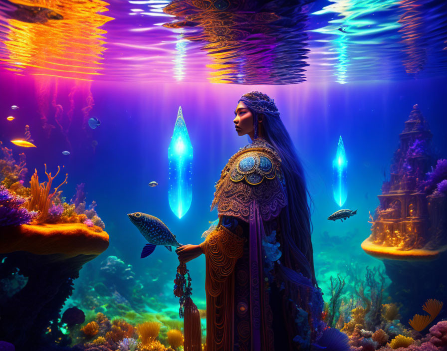 Ethereal woman in ornate attire among vibrant coral underwater