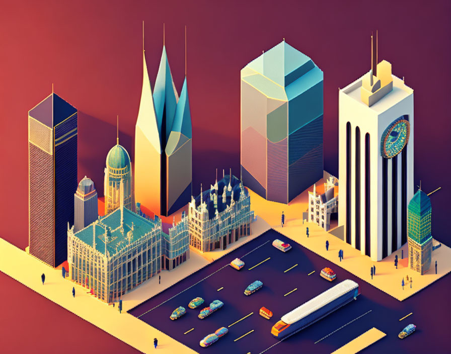Vibrant cityscape isometric illustration with skyscrapers, vehicles, and people at dusk