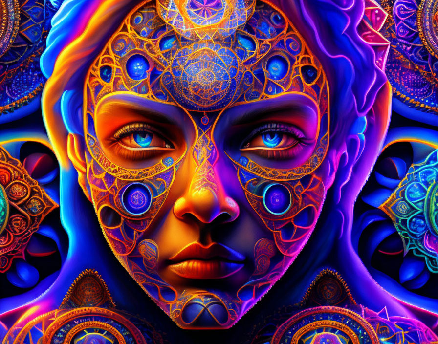 Colorful Psychedelic Woman's Face Art with Mandala Designs