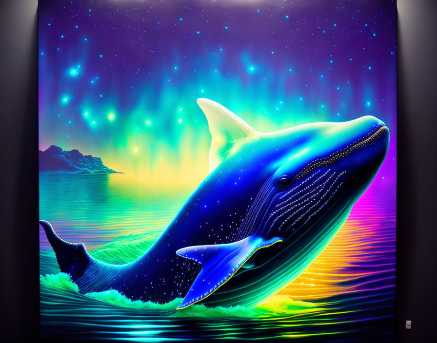 Colorful cosmic whale swimming in star-filled sky with auroras and mountains.