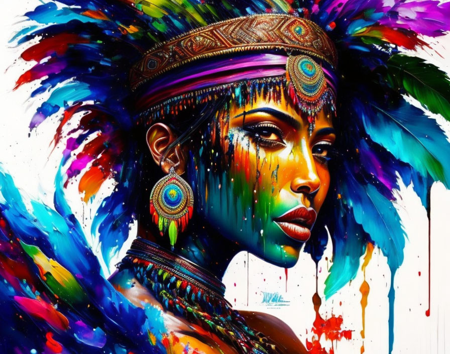 Vibrant digital artwork of a woman with feather headdress on abstract background