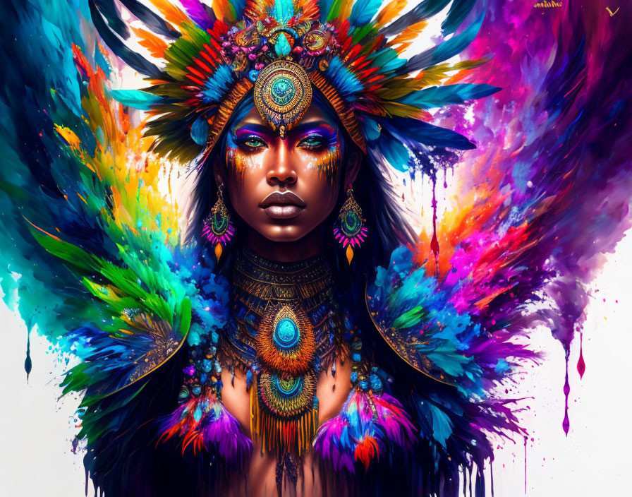 Colorful digital artwork featuring person with feather headdress & face paint