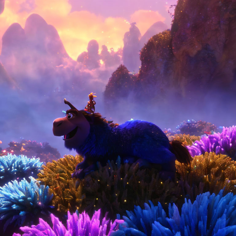 Colorful animated scene with cheerful character riding blue furry creature among vibrant flora and misty mountains.