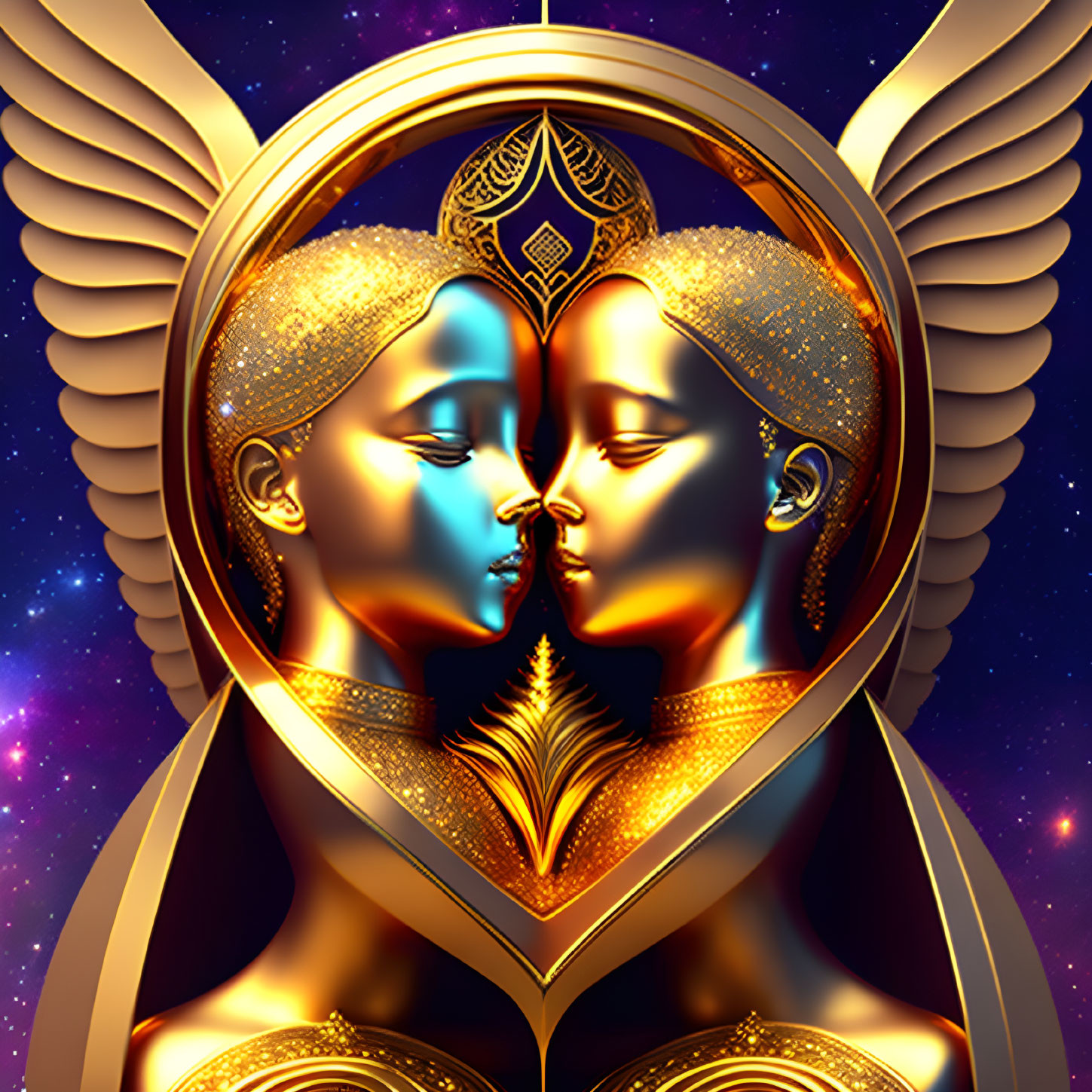 Golden profile faces in heart shape on cosmic backdrop with ornate details and wings