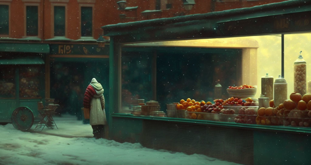 Person in Warm Clothing at Colorful Fruit Stand in Snowy Street