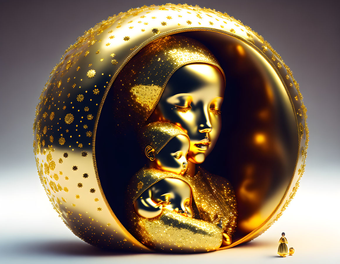 Golden spherical sculpture with snowflakes and serene faces in relief