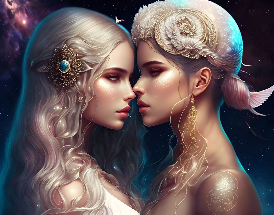 Ethereal female figures with ornate headdresses and jewelry in cosmic setting
