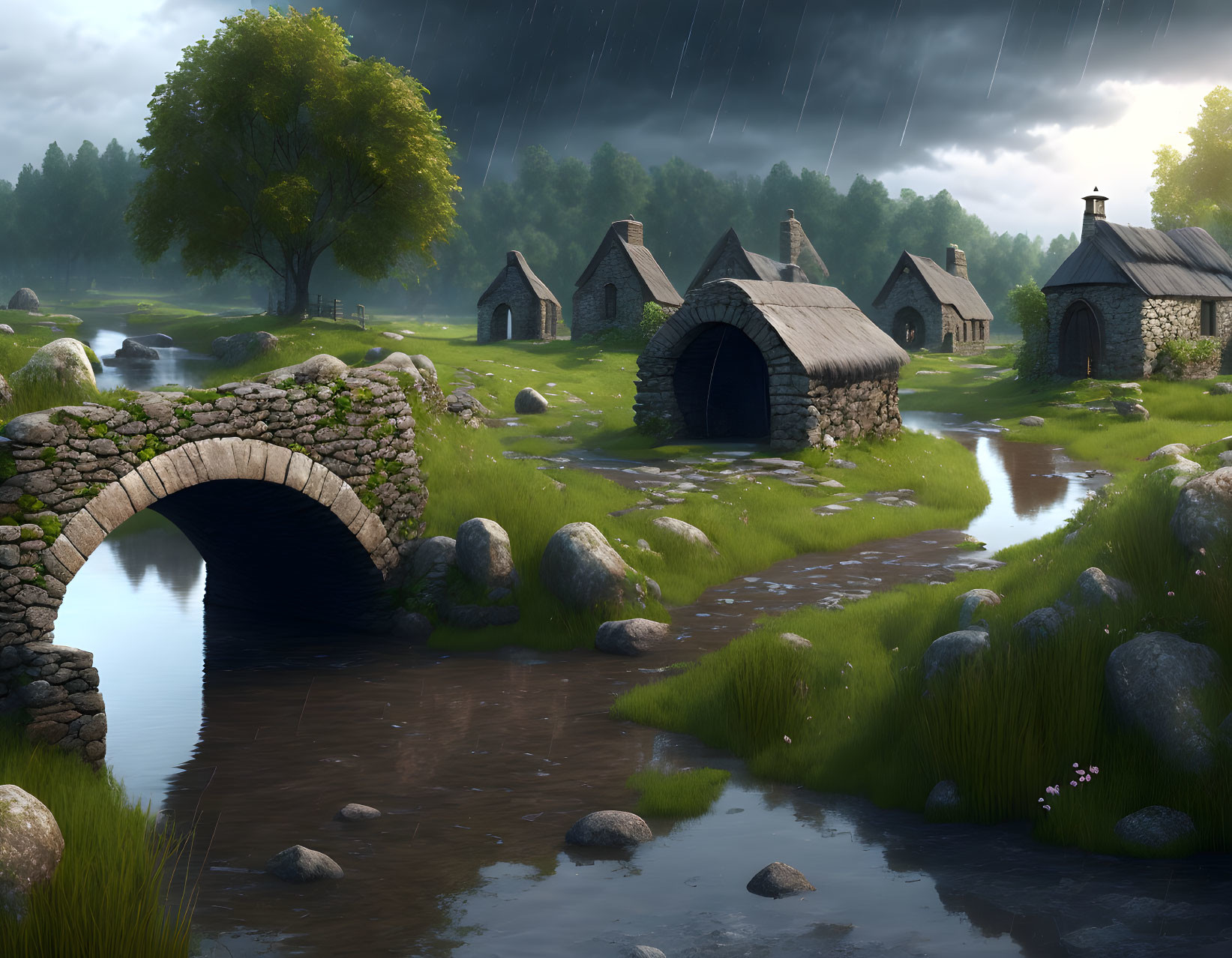 Tranquil rain-soaked landscape with stone bridge, cottages, greenery, and brooding