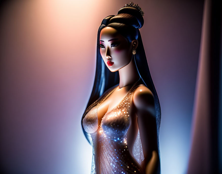 Intricate woman figurine in sparkly dress under dramatic lighting