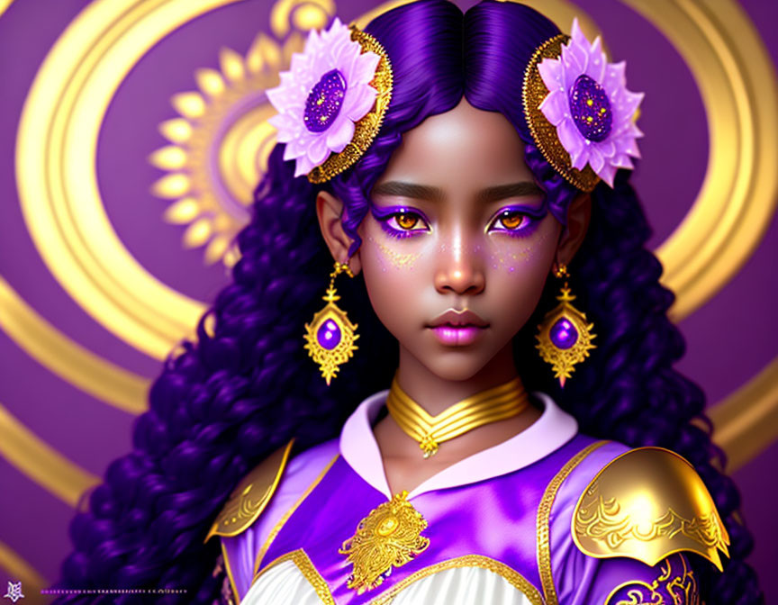 Digital Artwork: Girl with Purple Hair and Gold Attire on Ornate Purple Background