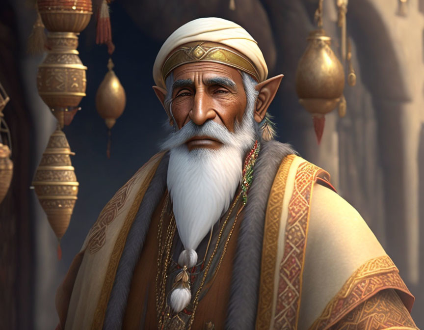 Elderly man in Middle Eastern attire with brass lamps background