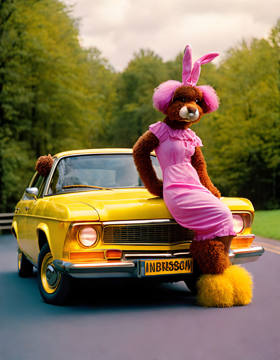 Person in bear costume with bunny ears and pink dress by yellow car in green setting