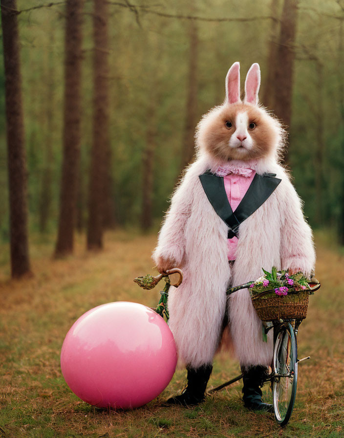 Person in rabbit costume with pink balloon and bicycle in forest.