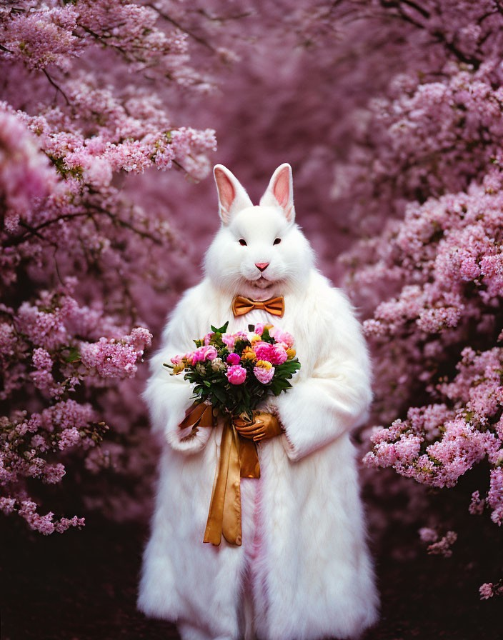 Person in White Rabbit Costume with Flower Bouquet Among Pink Blossoming Trees