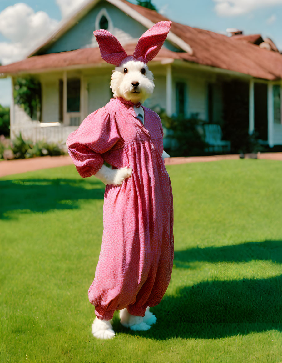 Pink Bunny Costume Standing in Front of House with Green Lawn