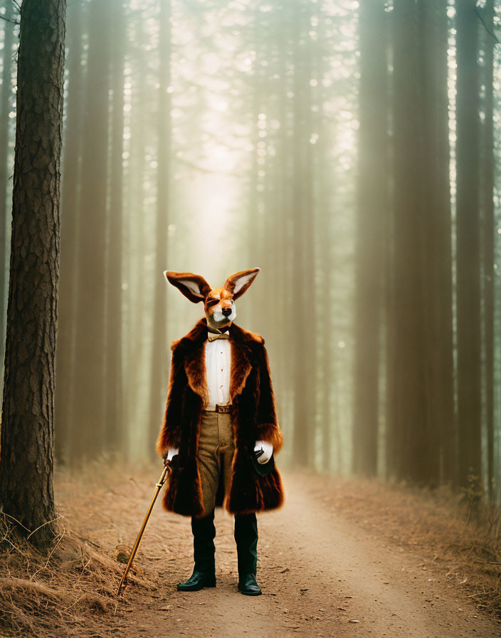 Person in Fox Mask and Fur Coat on Forest Path with Cane in Mystical Setting