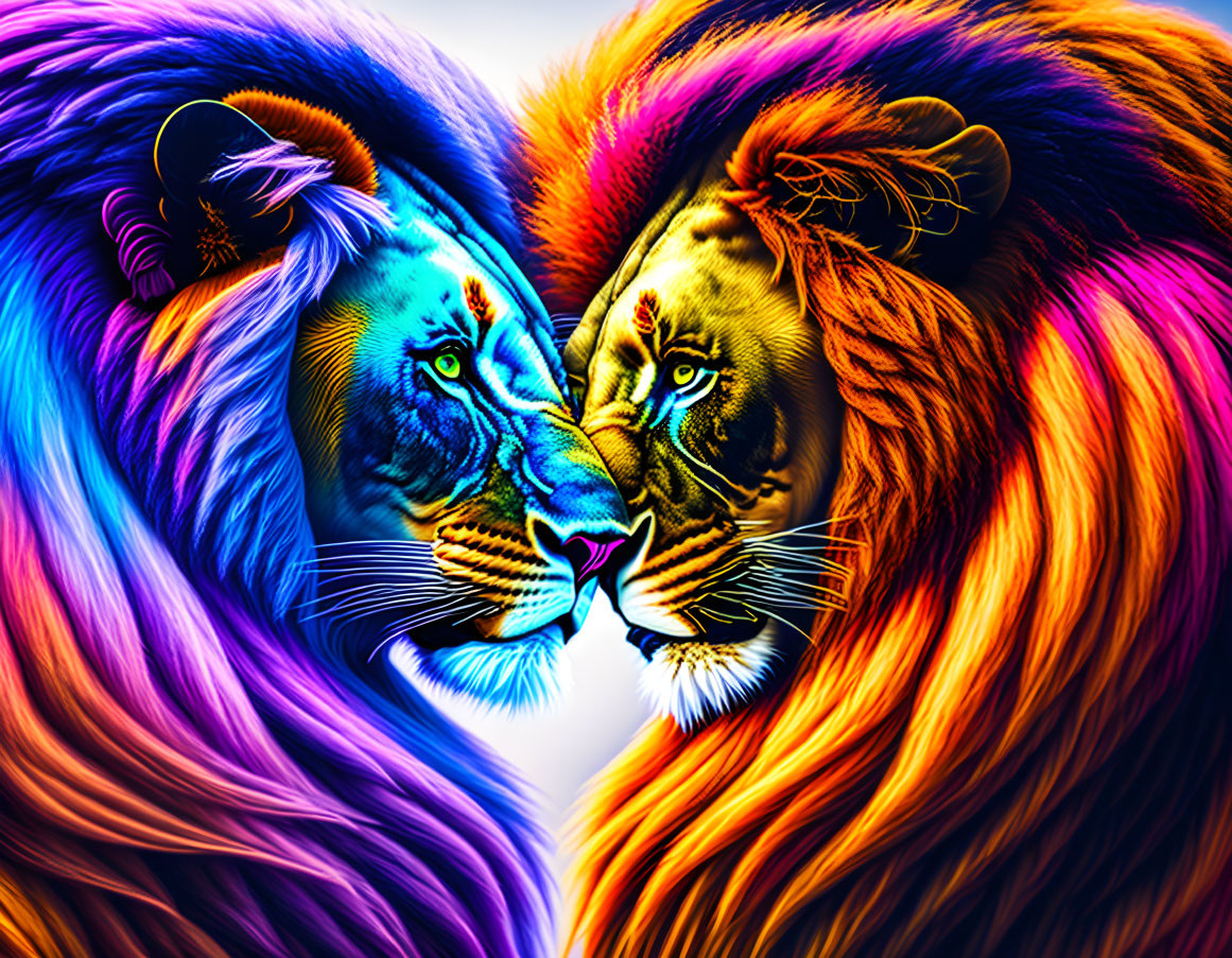 Colorful digital artwork featuring two lions in contrasting cool blues and purples and warm oranges and yell