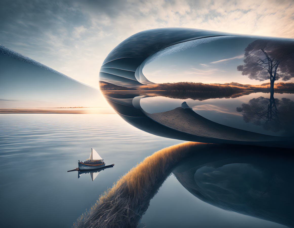 Surreal landscape with reflective water, boat, twisted mirror-like structure, lone tree.