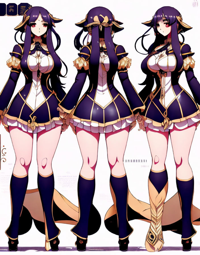 Anime-style female character with long purple hair in blue and gold outfit poses.