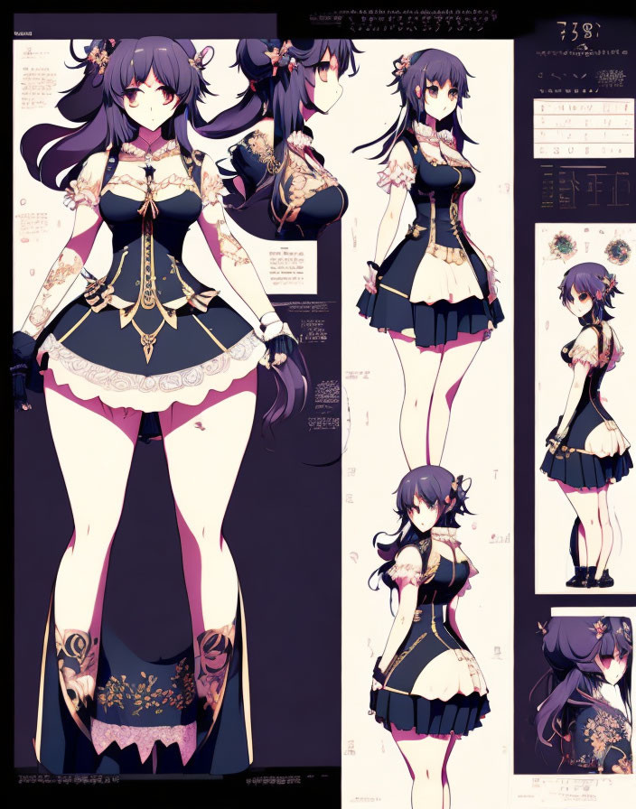 Purple-Haired Anime Girl Character Design Sheet with Black and Gold Outfit