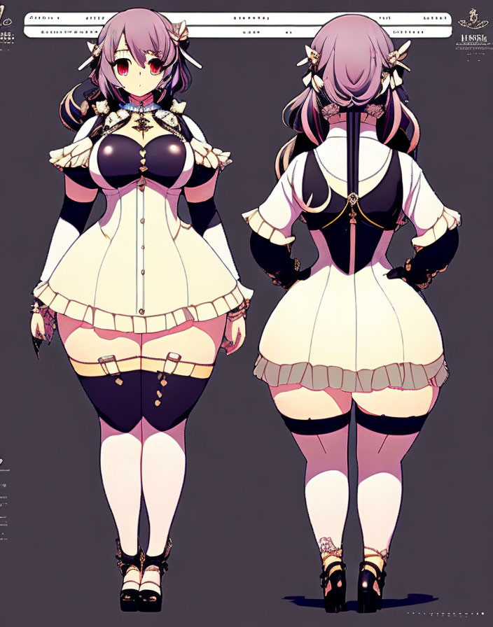 Stylized female anime character with purple hair in maid outfit