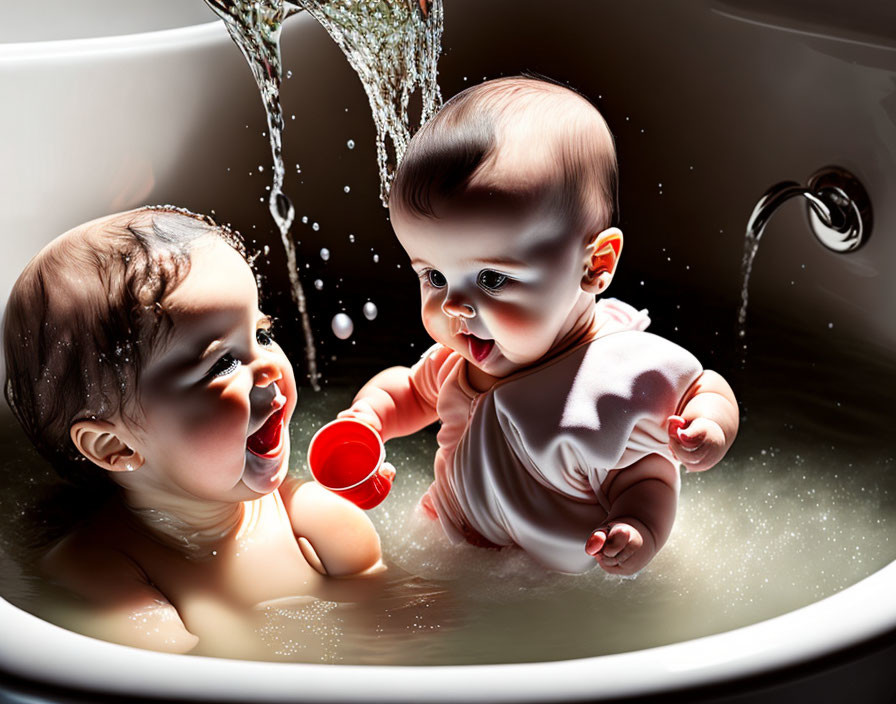 Two Babies Playing with Water in Bathtub, One Holding Red Cup
