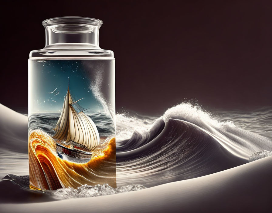 A ship on the sea encased in a glass jar