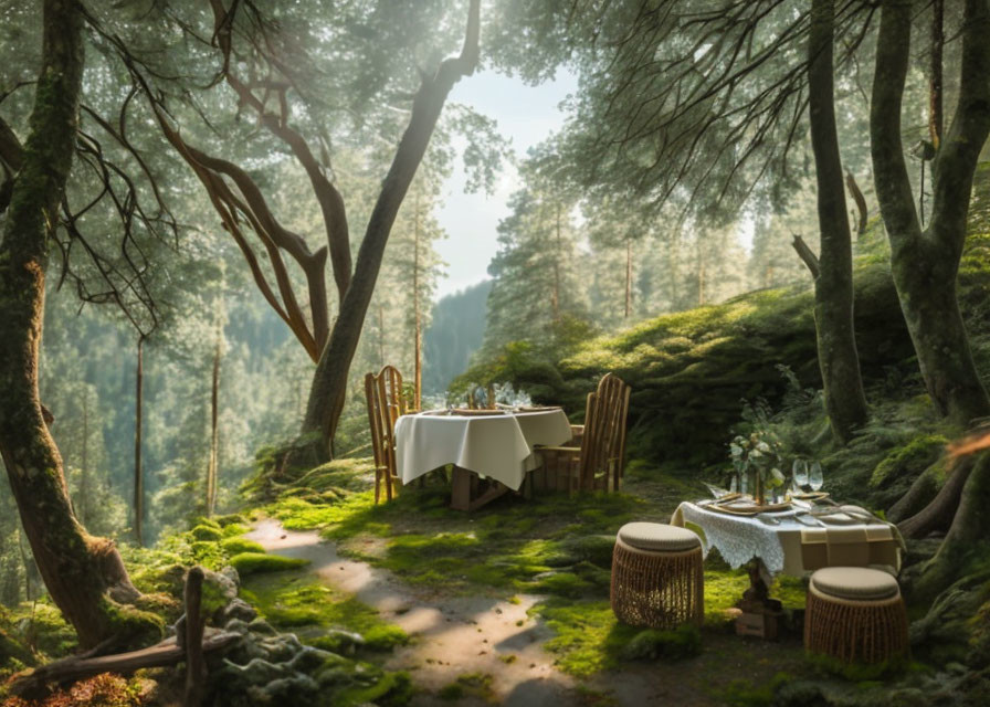 Tranquil forest scene with sunlit dining table for two in lush green setting