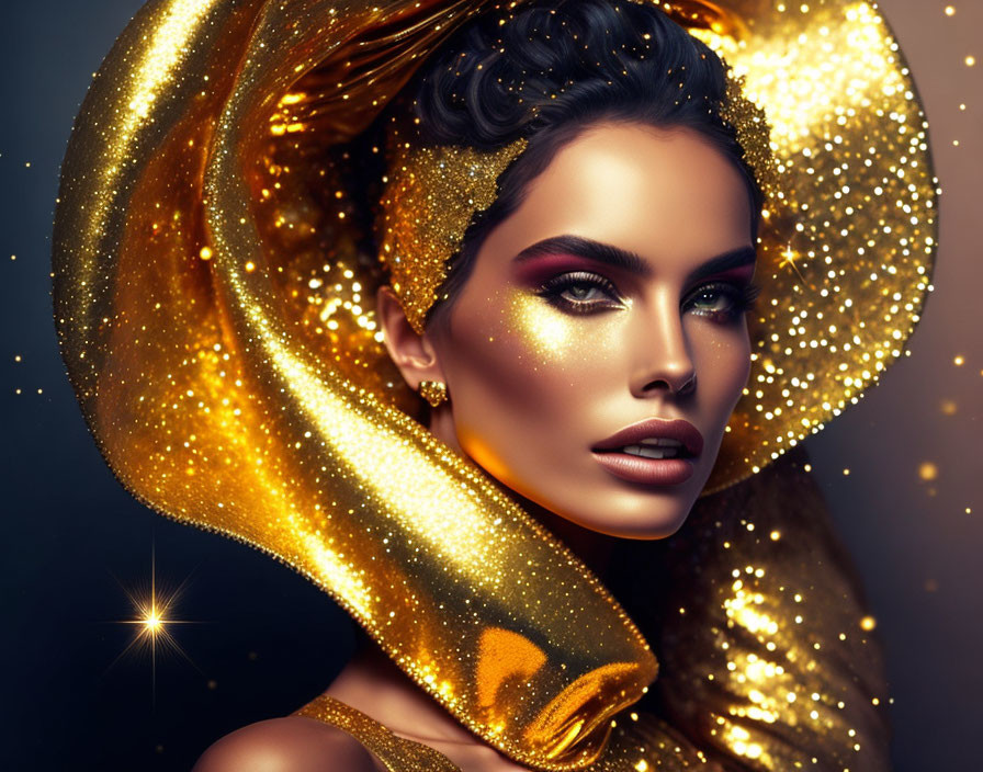 Woman with Dramatic Makeup and Gold Accessories on Shimmering Backdrop