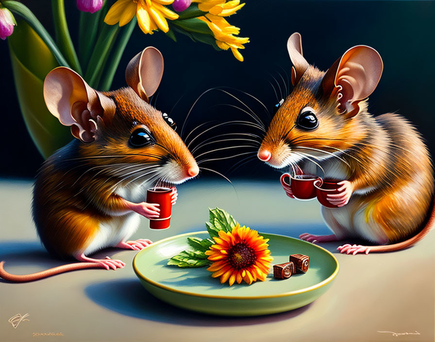 Two field mice having coffee on their lunch break.