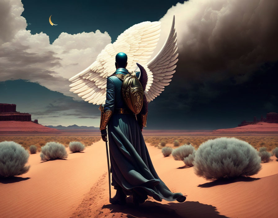 White-winged figure in desert under twilight sky with crescent moon.