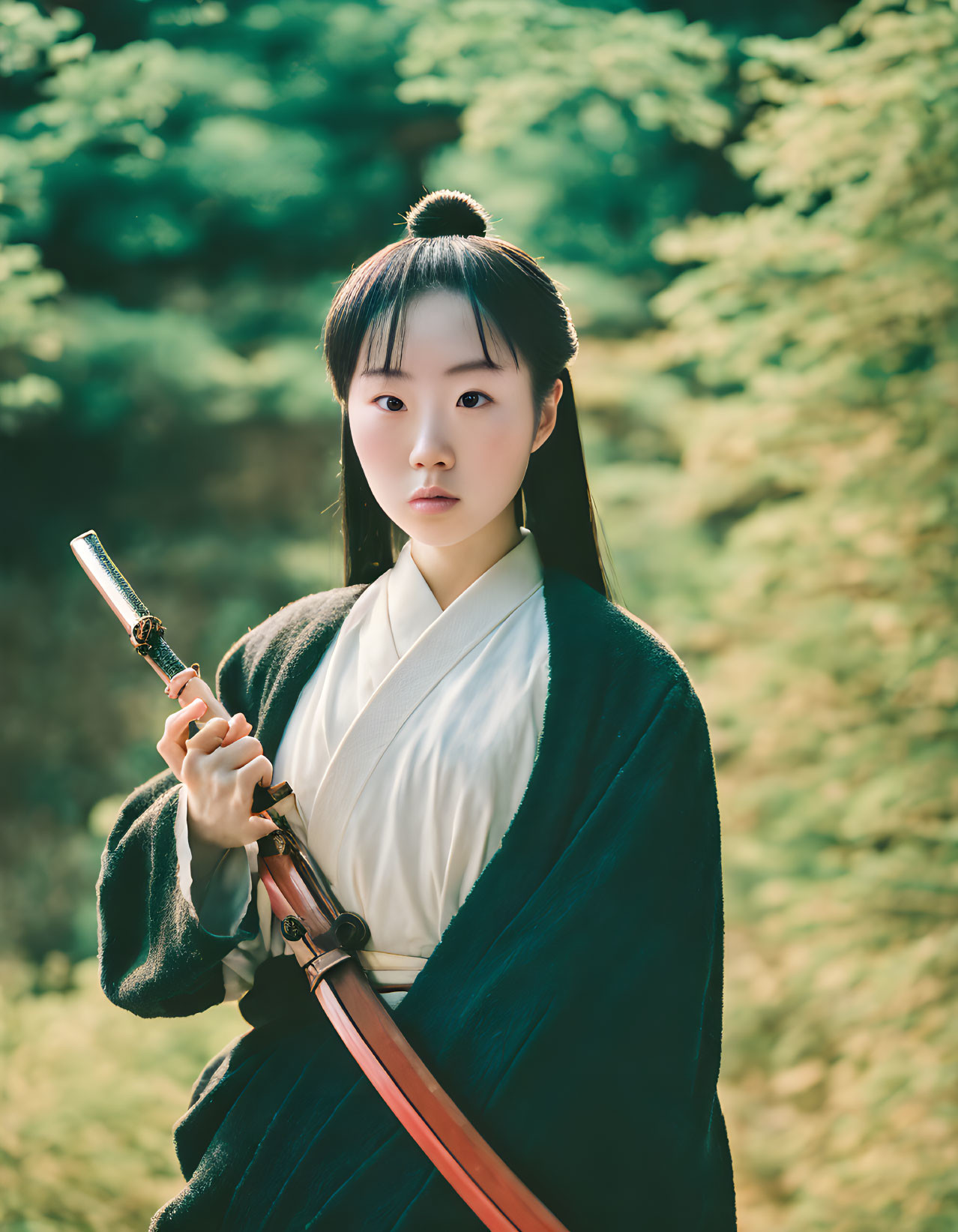 Traditional East Asian Attire Woman Holding Sword in Green Background