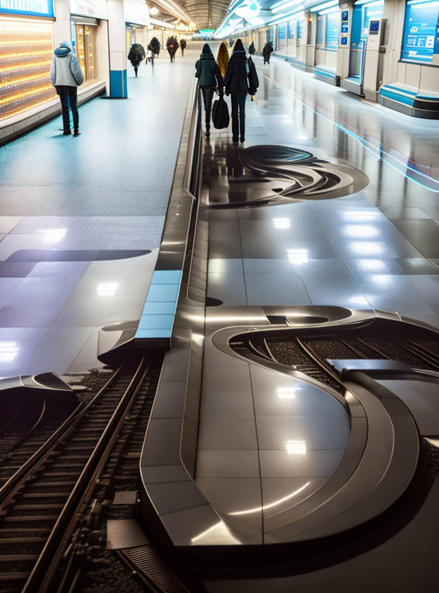 Passengers on contemporary subway platform with geometric floor pattern and incoming train