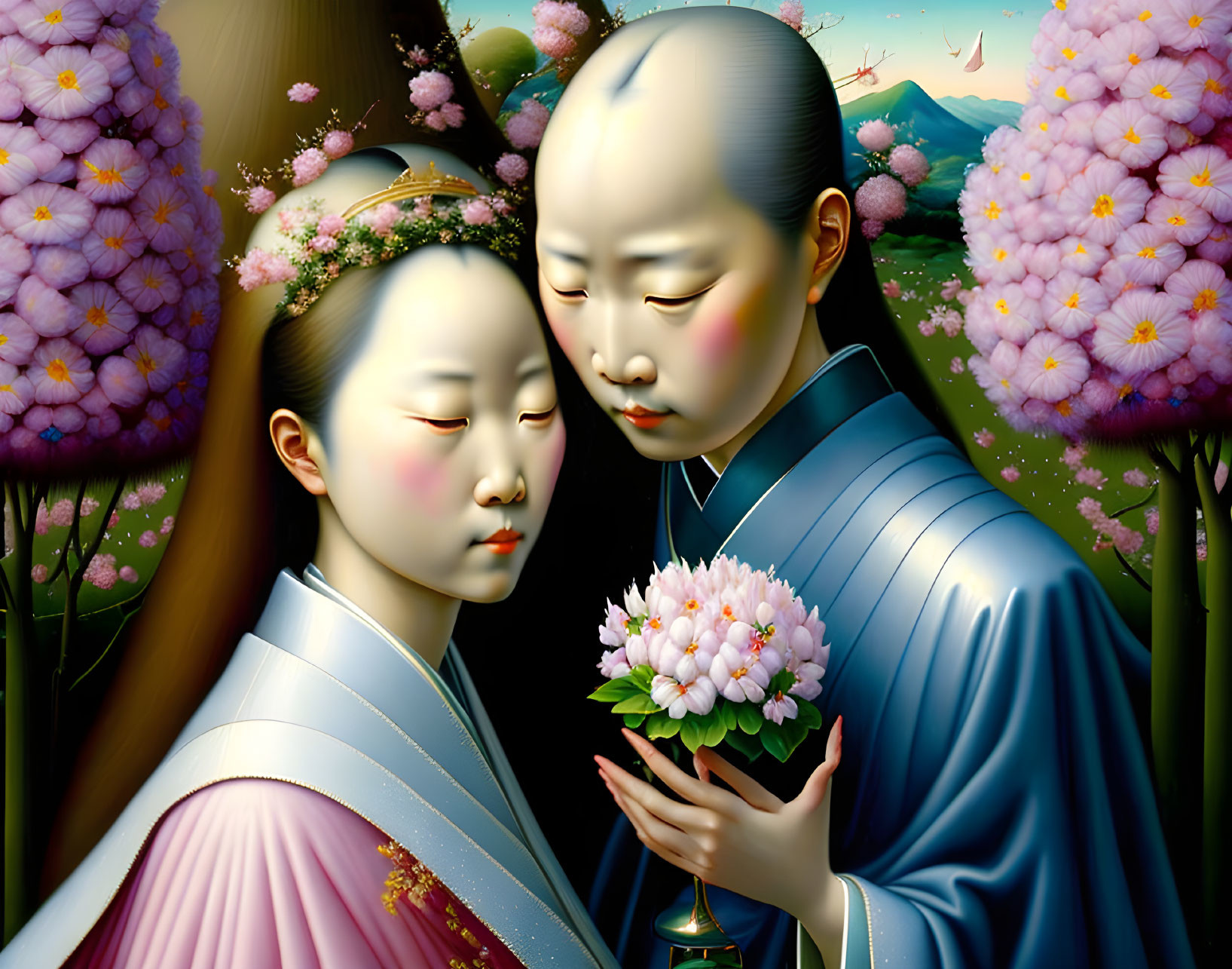 Stylized Asian figures in traditional attire with pink flowers