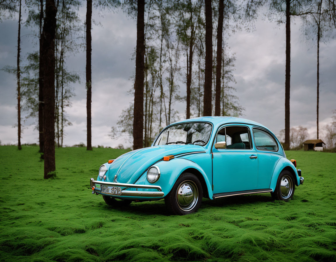 Blue Volkswagen Beetle parked on green grass with pine trees and cloudy sky.