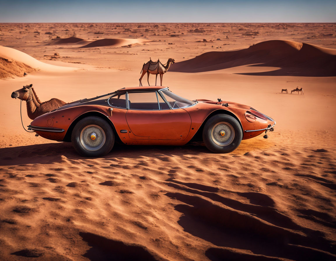 Vintage Sports Car Parked on Desert Sands with Camels and Blue Sky