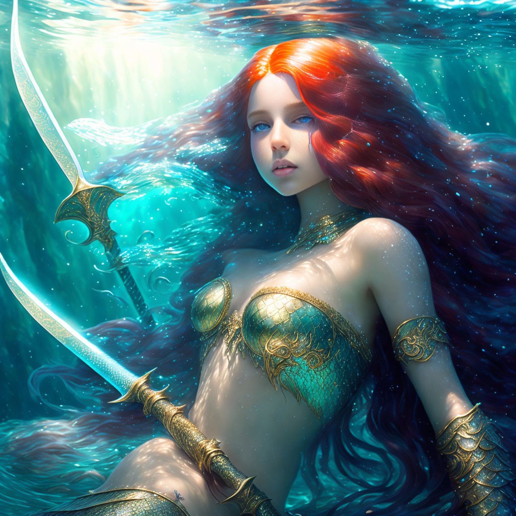 Red-Haired Mermaid with Dagger and Arm Cuffs in Blue Sea