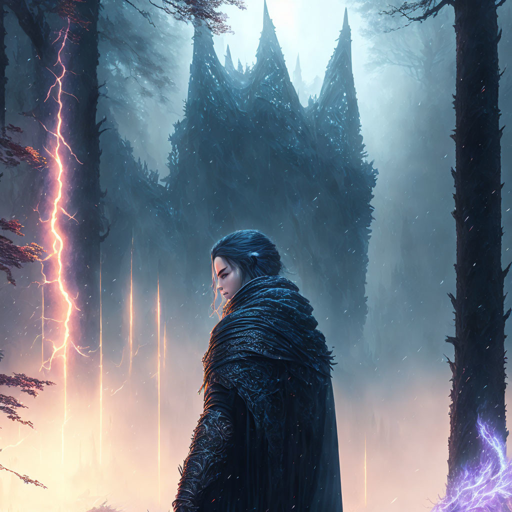 Mysterious figure in dark cloak in foggy mystical forest