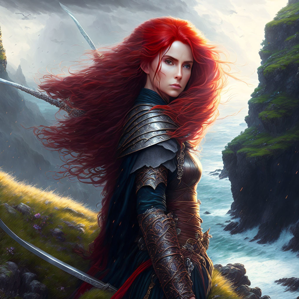 Warrior with red hair and sword against dramatic seascape