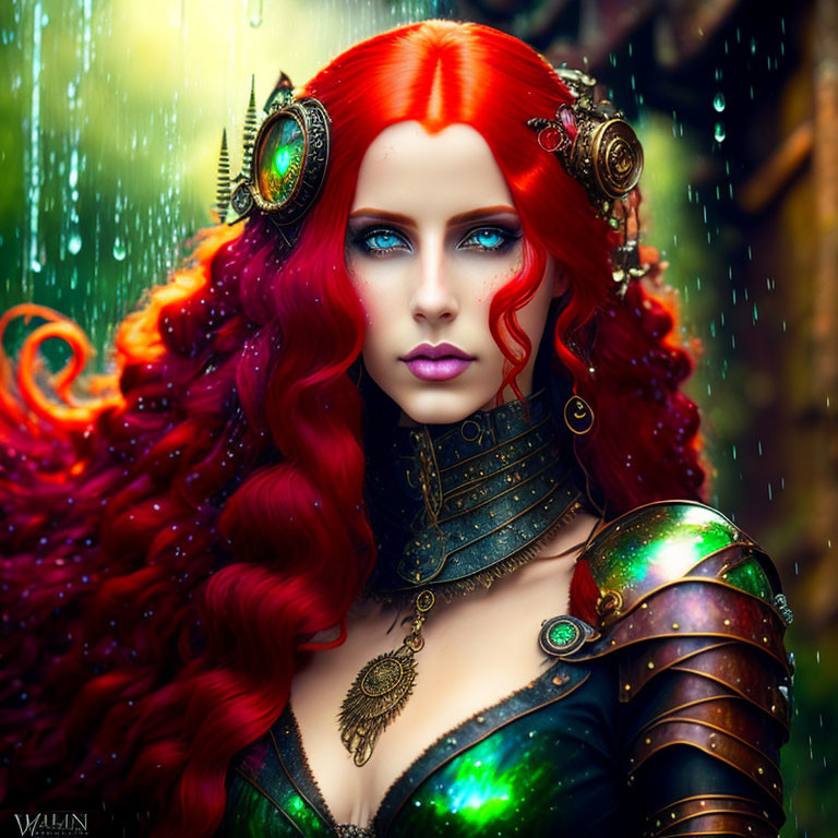Vibrant red-haired woman in ornate armor against rain-soaked backdrop