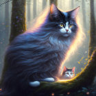 Ethereal cats with shimmering wings in mystical forest
