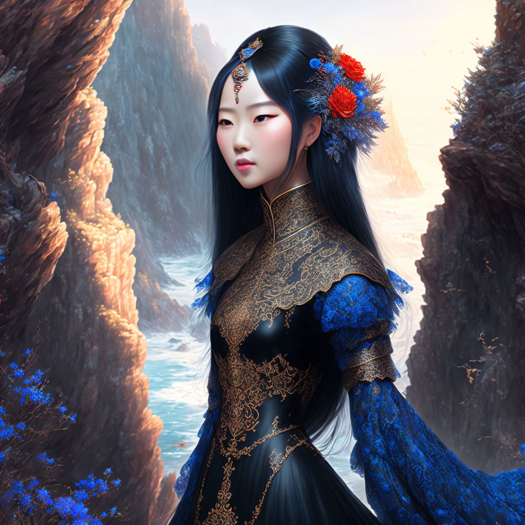 Illustrated woman with long black hair and floral hair accessories in traditional blue dress by rocky coast