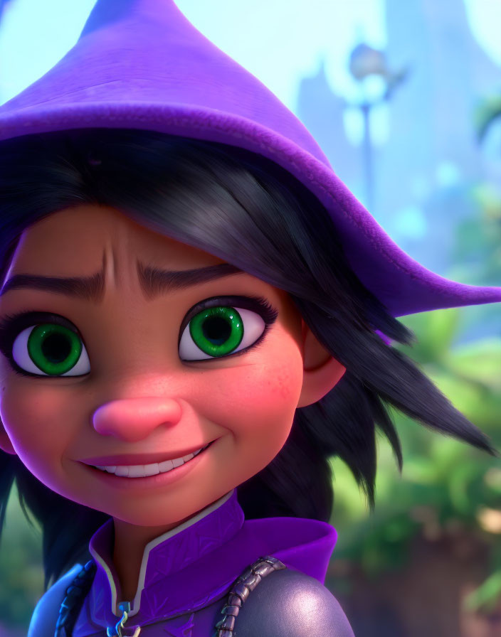 Animated girl in purple wizard hat smiling in forest setting