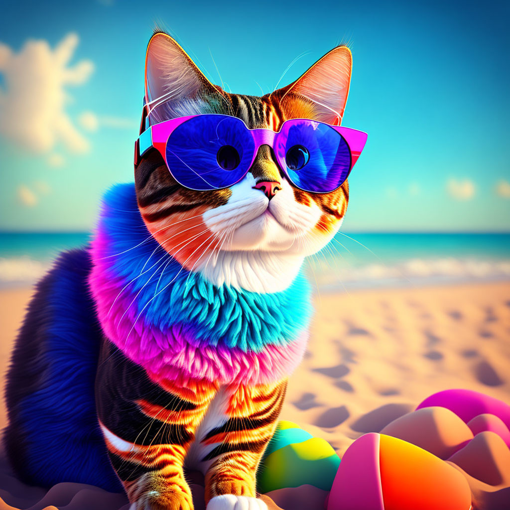 Colorful Cat with Sunglasses on Beach with Sand Toys