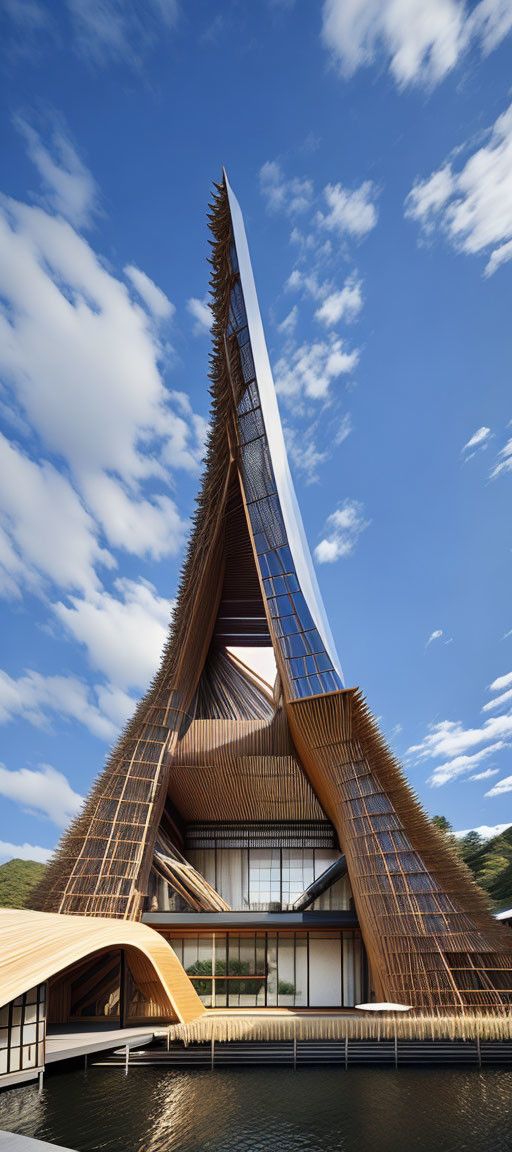 Tall angular structure with wooden elements near water and blue sky