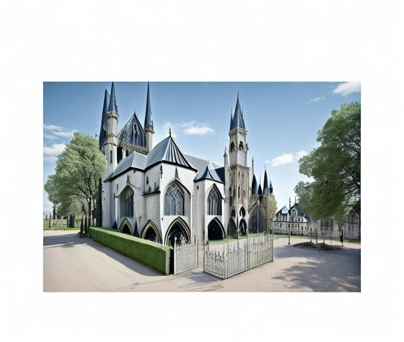 Gothic-style cathedral with spires in serene park setting