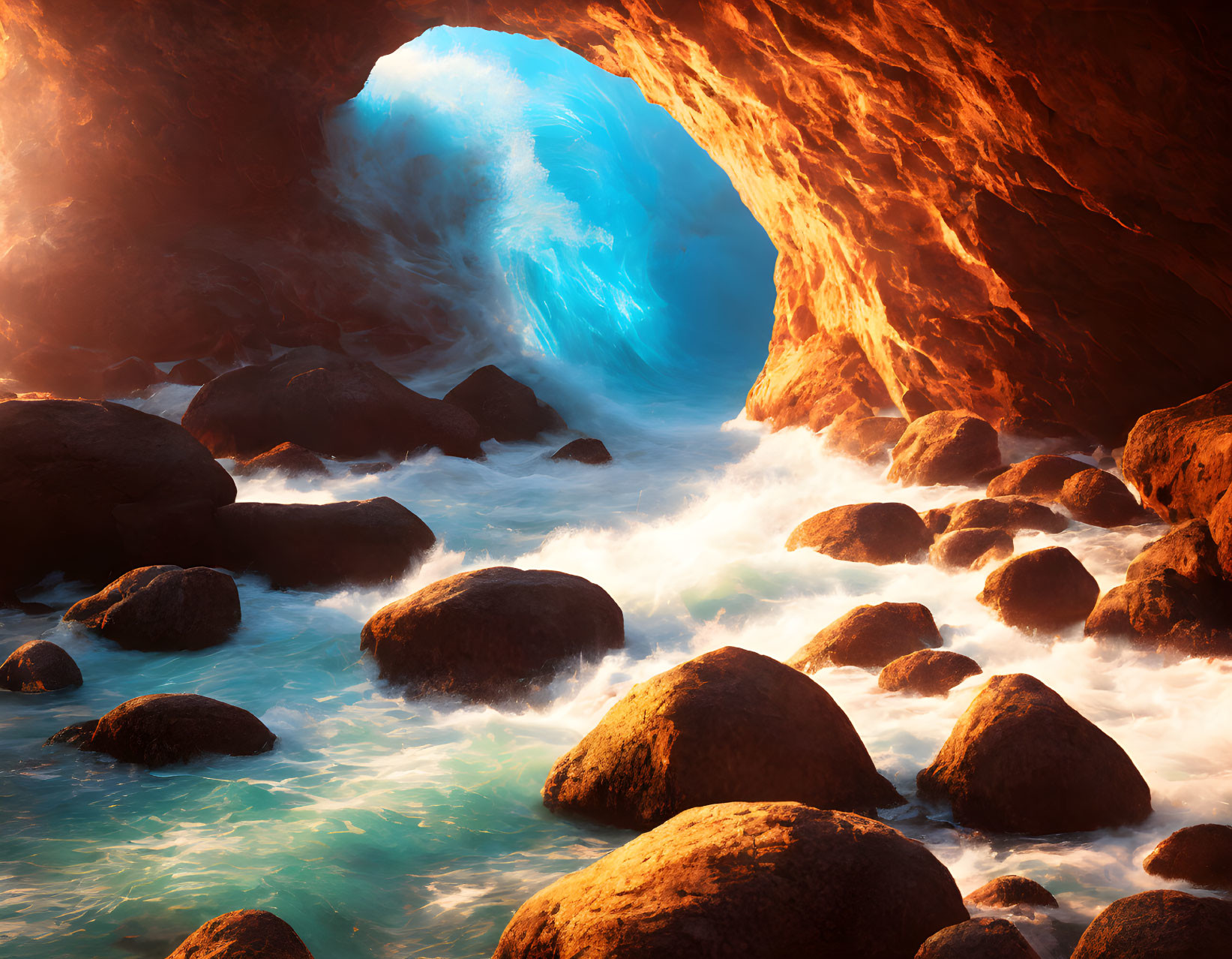 Sunlit rocky sea cave with captivating blue glow and frothy waves.