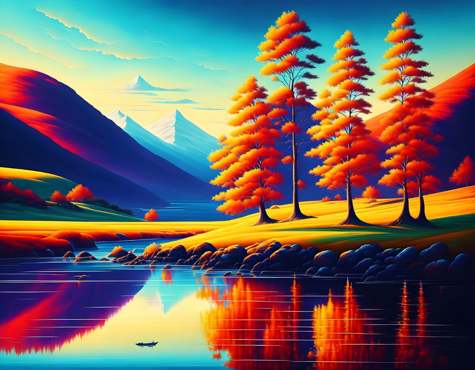 Autumn landscape painting of fiery trees by reflective lake at sunset